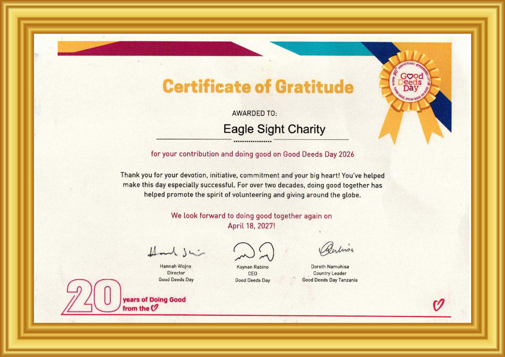 Good Deeds Day 2026 certificate presented to Eagle Sight Charity
